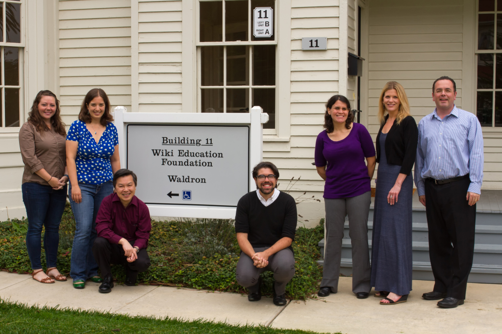 Wiki Education Foundation staff photo September 2014. Left to right: Jami Mathewson, LiAnna Davis, Bill Gong, Eryk Salvaggio, Helaine Blumenthal, Sara Crouse, Frank Schulenburg. Not in the picture: Sage Ross, who's working out of Seattle.