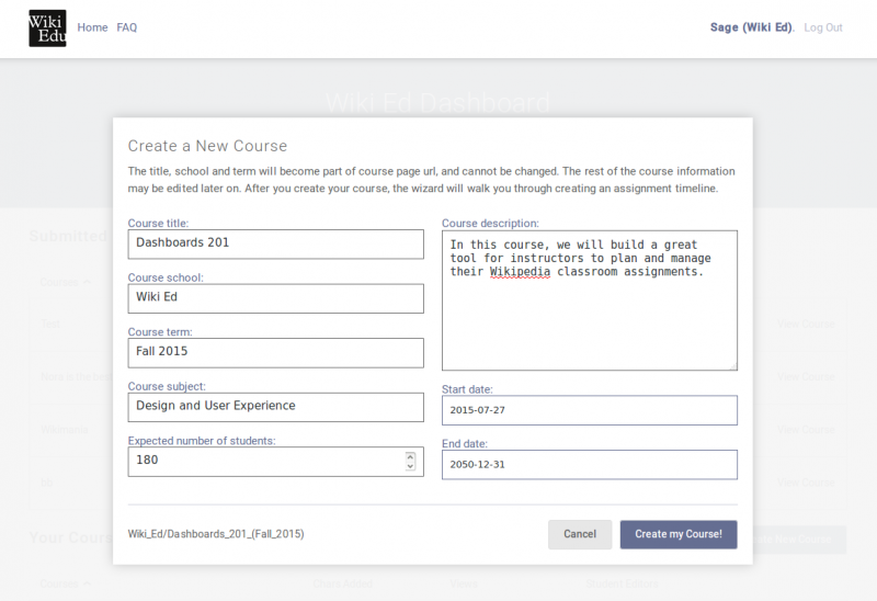 The new course creation interface in the Wiki Ed Dashboard.