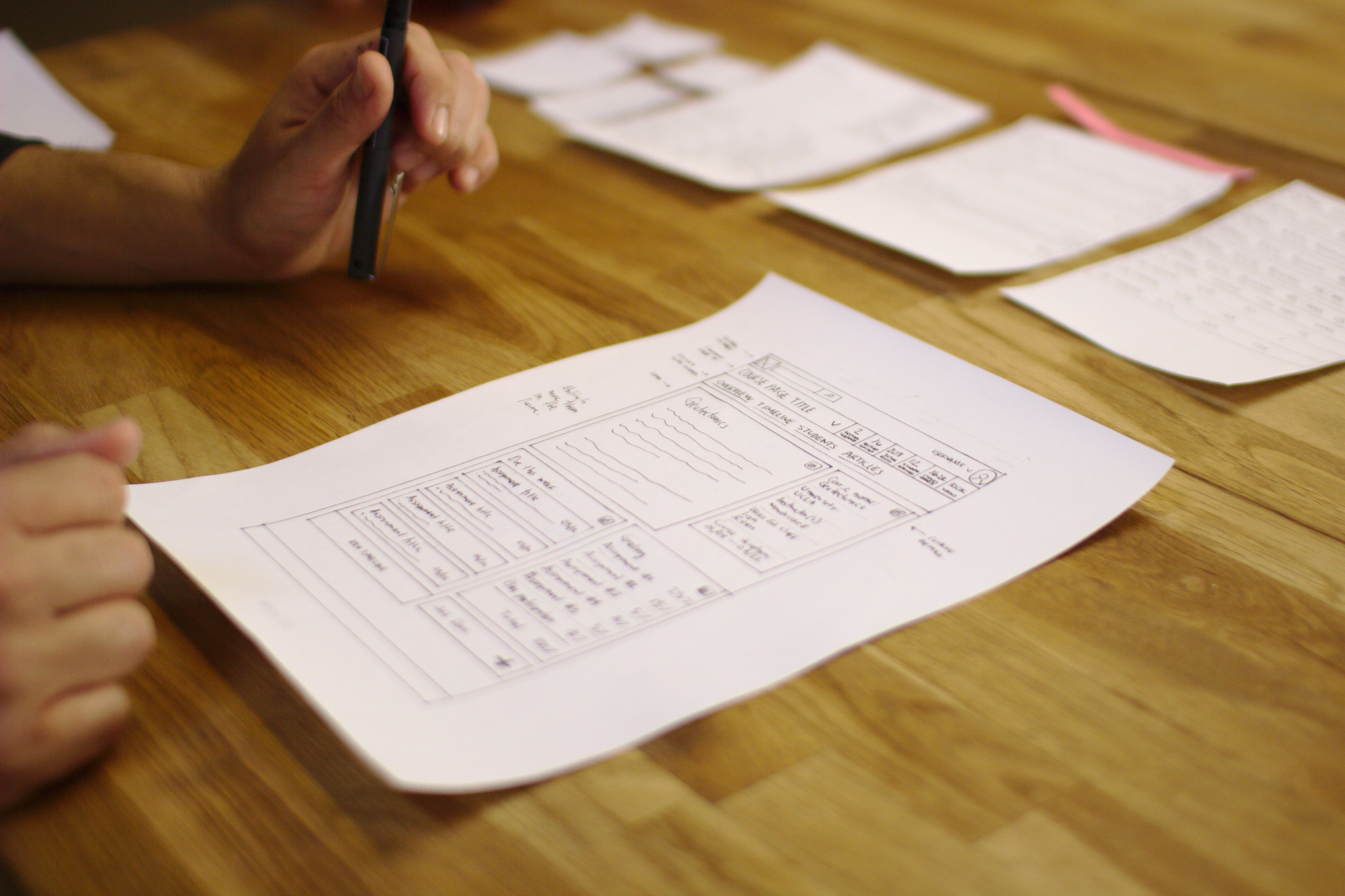 A hand-drawn user interface design on a table
