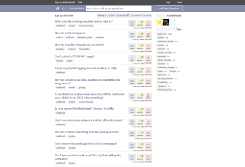 A screenshot of Wiki Ed's ask.wikiedu.org tool for finding help and posting unanswered questions.