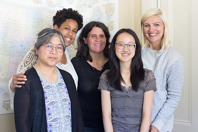 From left to right, UC Berkeley Librarian Corliss Lee, UC Berkeley professor Naniette Coleman, Wiki Education Classroom Program Manager Helaine Blumenthal, UC Berkeley student Angela Zeng, and Wiki Education Outreach Manager Samantha Weald at the Wiki Education offices.