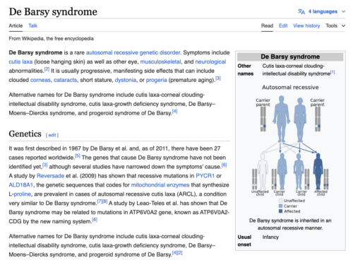 De Barsy syndrome Wikipedia article (screenshot)