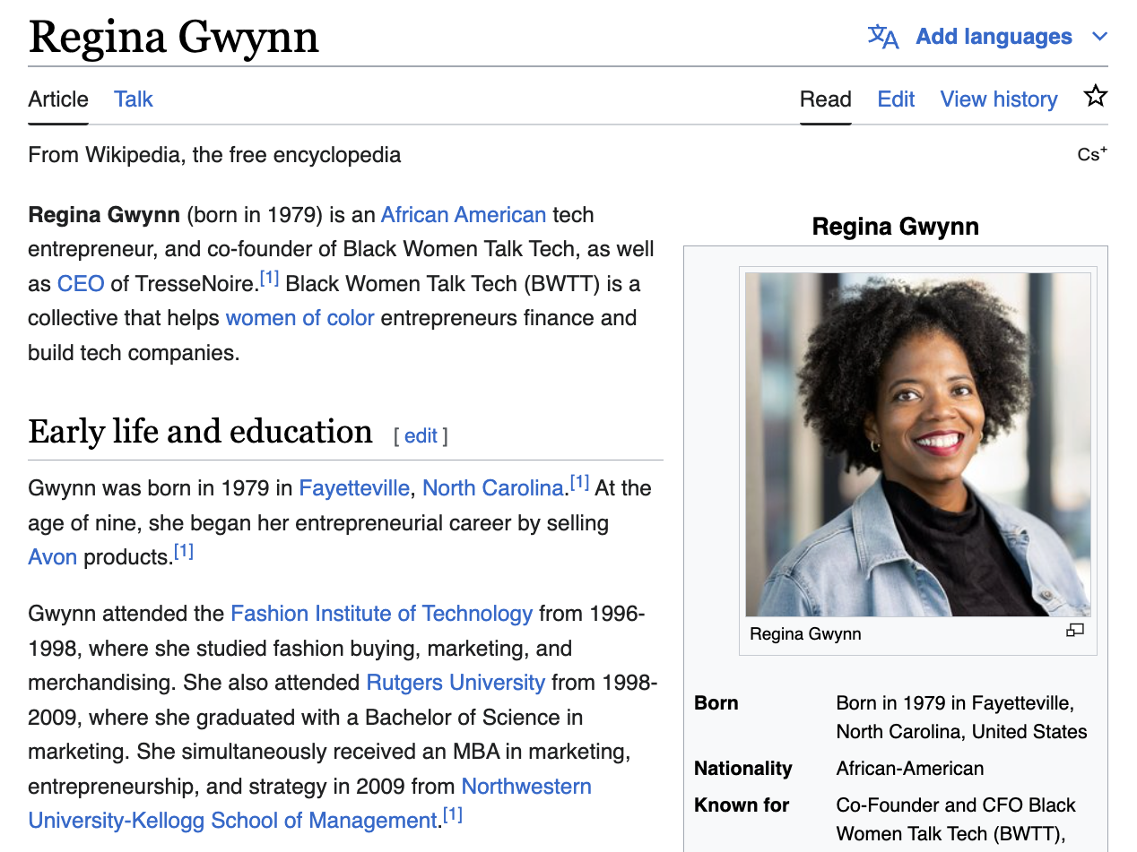 Screenshot of Regina Gwynn Wikipedia article