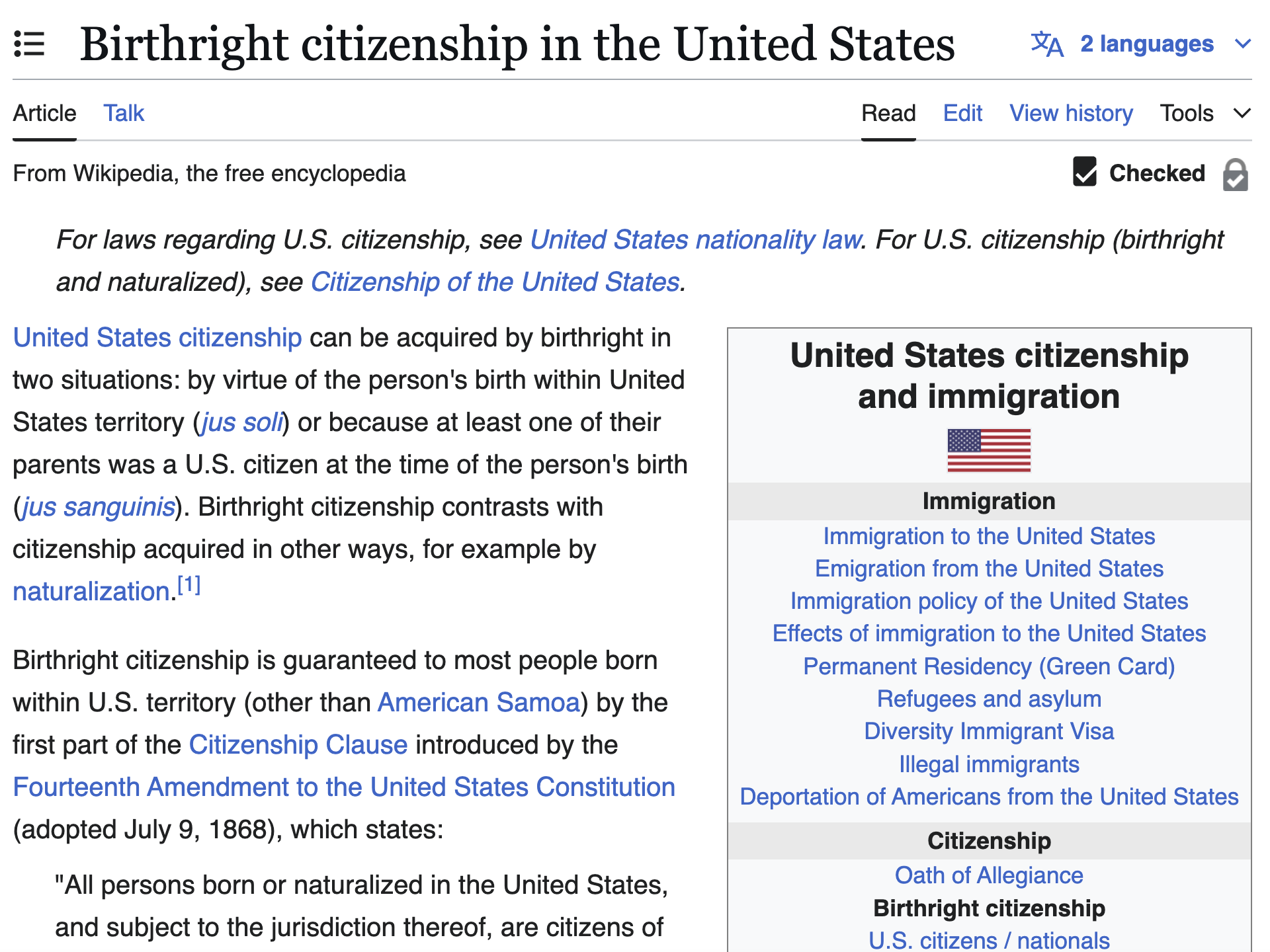 Screenshot of Birthright citizenship article on Wikipedia