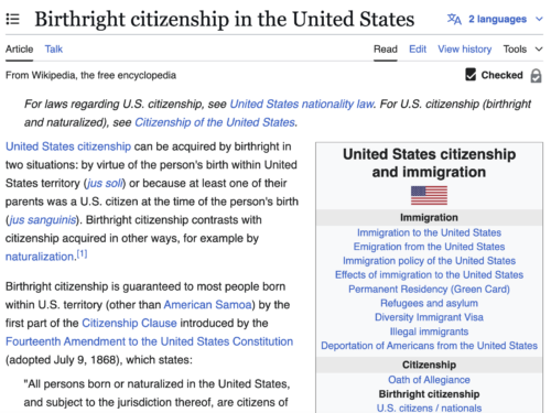 Screenshot of Birthright citizenship Wikipedia article