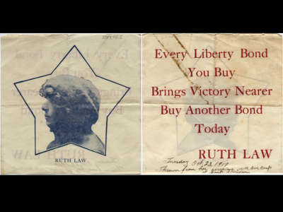 This liberty leaflet was picked up at Camp Sheridan on October 23, 1917 in Montgomery, Alabama. The leaflet invites the reader to buy liberty bonds to help fund WWI. It was thrown from a plane piloted by Ruth Law Oliver, which was recorded on the back of the leaflet by the person who picked it up.