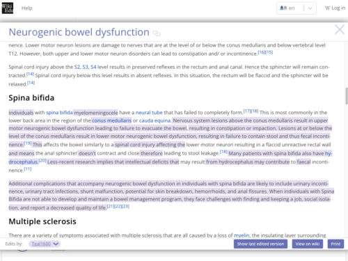 Contributions of Wiki Scientist course participant on spina bifida section of Wikipedia article on Neurogenic bowl dysfunction