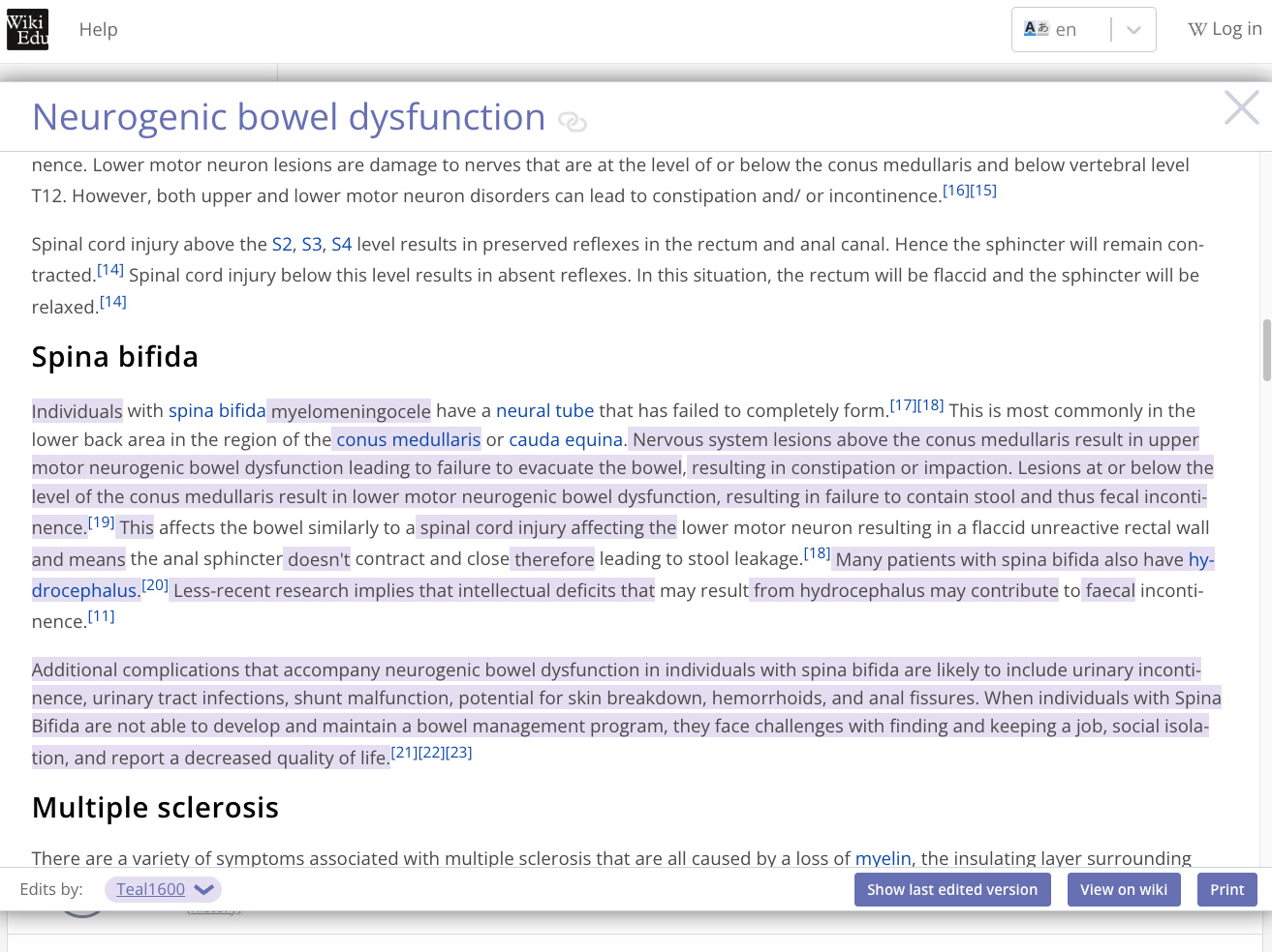 Contributions of Wiki Scientist course participant on spina bifida section of Wikipedia article on Neurogenic bowl dysfunction