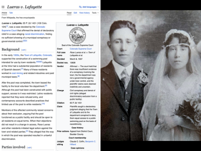 Screenshot of Lueras v. Lafayette Wikipedia article; photo of Rose Lueras and her husband on their wedding day.