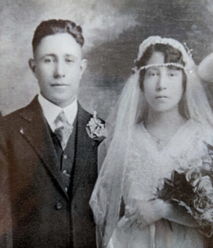 Wedding portrait of Rose Lueras and her husband, taken in Colorado in the early 1920s.