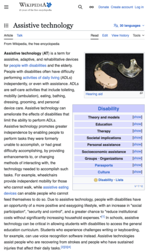 Screen shot of Assistive technology Wikipedia article