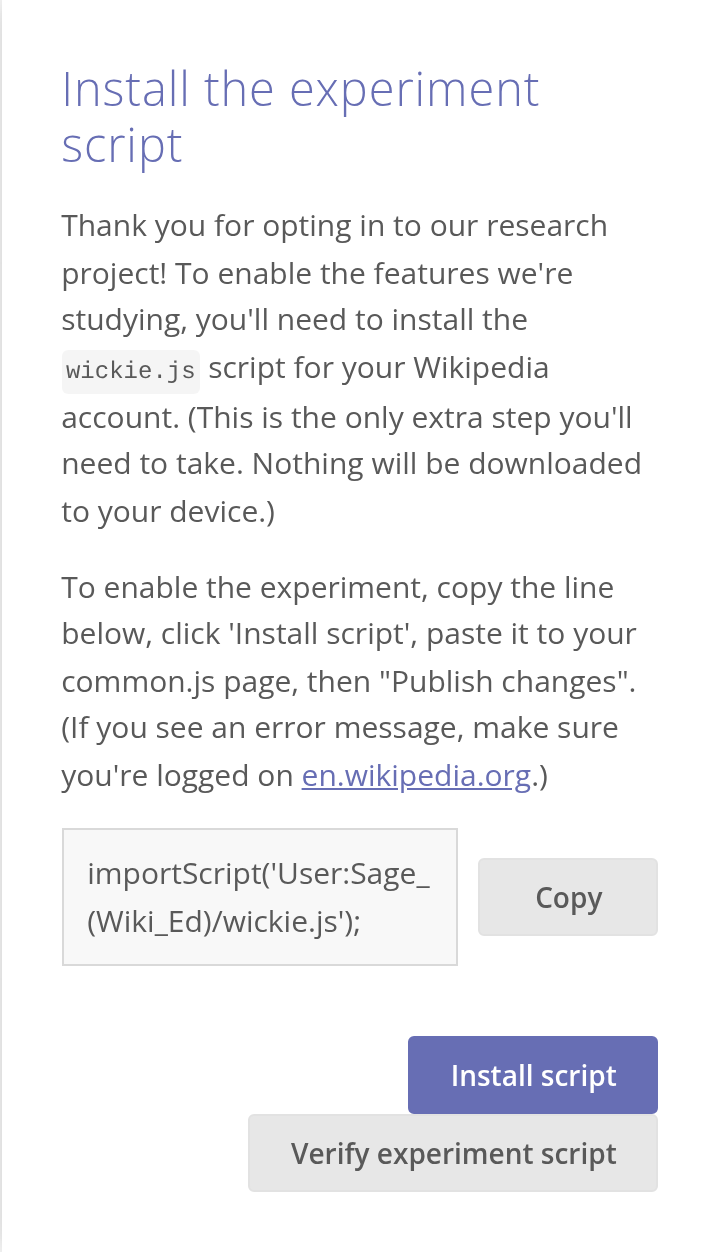 The Install the experiment script box, showing one line of code with a Copy button.