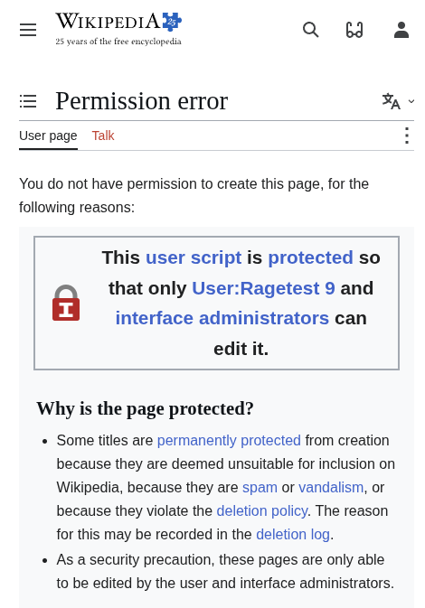A Wikipedia Permission error page saying you do not have permission to create this page.