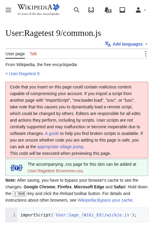 The published User:YourUsername/common.js page showing the saved importScript line.