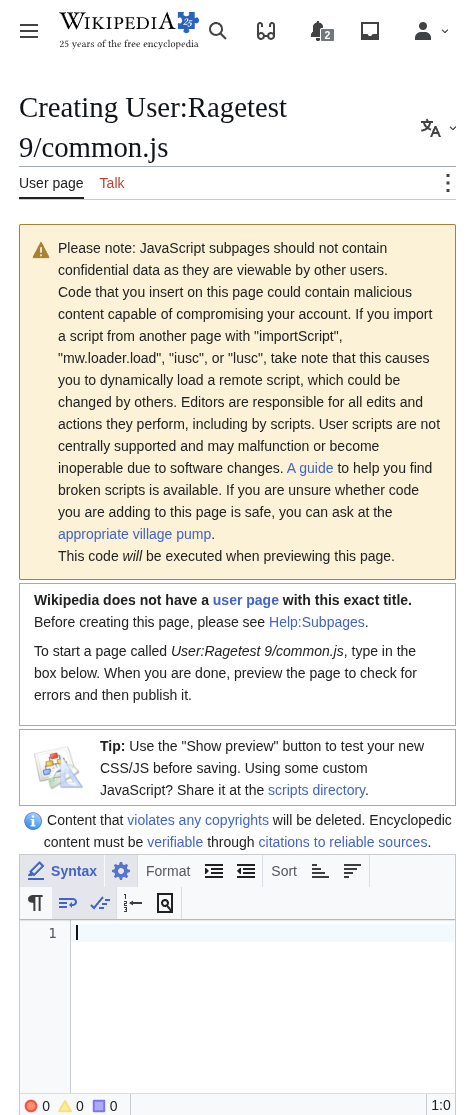 The Wikipedia edit form for creating User:YourUsername/common.js, with an empty edit box.